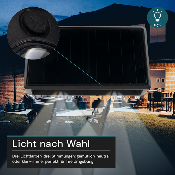 Solarleuchte mit einstellbarer Farbtemperatur im Garten.