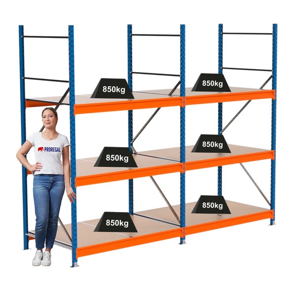 Lagerregal mit drei Ebenen und einer Traglast von 850 Kilogramm pro Ebene