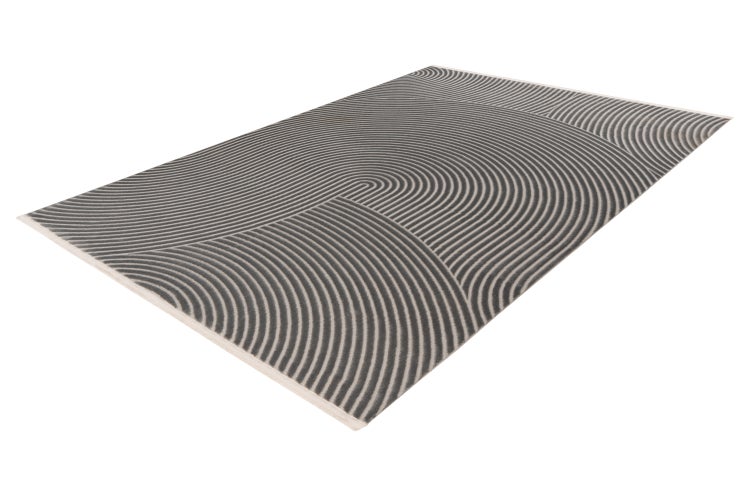 Rechteckiger Teppich mit modernem, kurvigem Wellenmuster in geometrischer Optik.