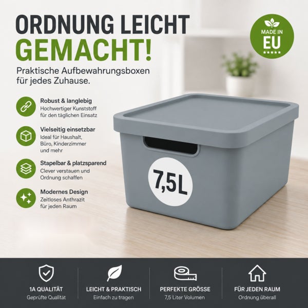 Stapelbare Aufbewahrungsbox aus Kunststoff mit 7,5 Liter Volumen und Deckel für Haushalt und Büro, hergestellt in der Europäischen Union.