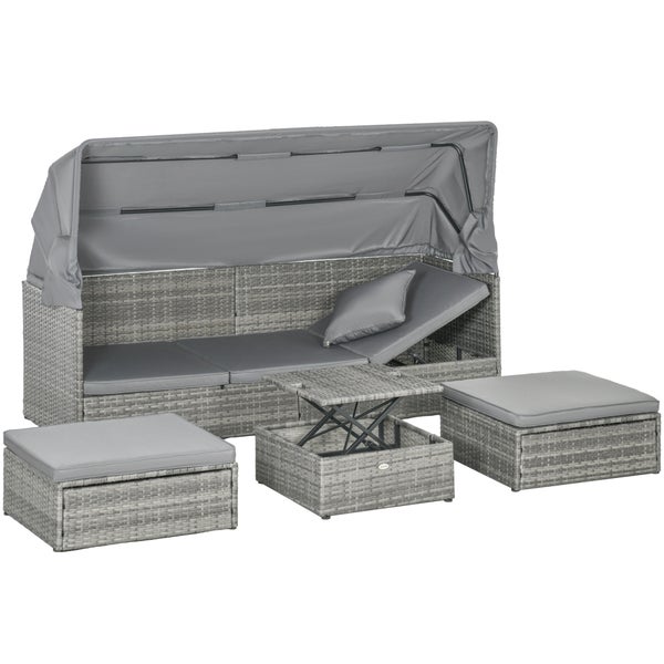 Outsunny 4tlg. Polyrattan Gartenmöbel Set, Sitzgruppe mit Sonnendach, höhenverstellbar, Hocker, Sonneninsel mit verstellbar Rückenlehne, 200L x 68B x 74H cm, PE-Rattan, Polyester, Grau