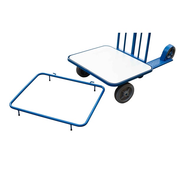 Blauer Transportwagen mit weißer Plattform und separatem Aufsatzrahmen aus Metall.