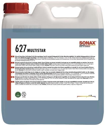 Sonax 627 Multistar Universalreiniger Konzentrat mit blauer Flüssigkeit in einem weißen Kunststoffkanister mit Griff und rotem Verschluss.