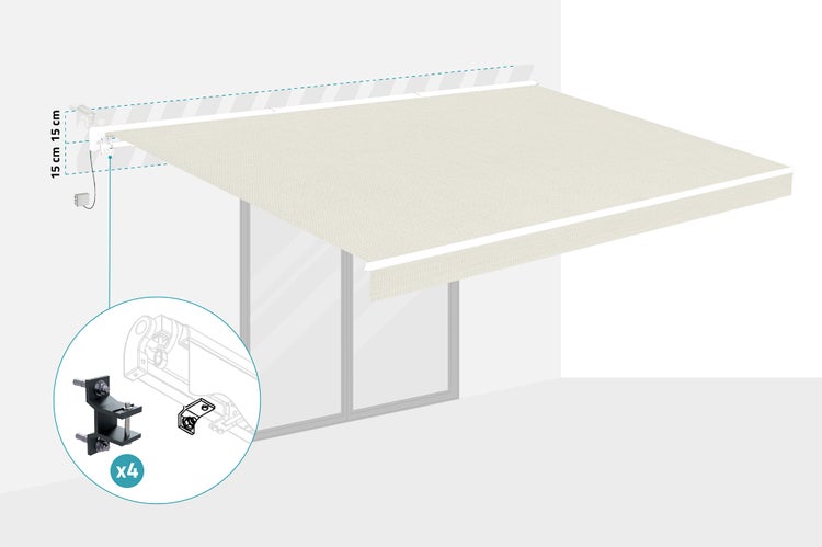 Beige Markise mit Wandbefestigung und Montagezubehör