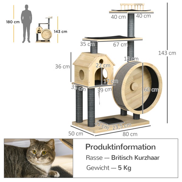 Katzenkratzbaum mit Haus, Laufrad und Liegeflächen, Maße sind in der Abbildung dargestellt