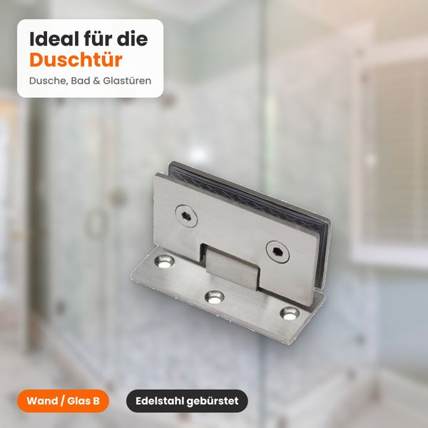 Gebürstetes Edelstahlscharnier für Duschtüren zur Montage an Wand und Glas.