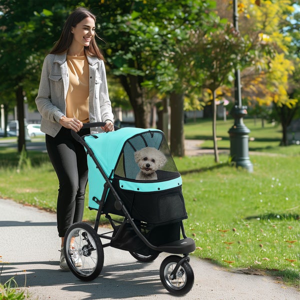 PawHut Hundewagen Jogger Hundebuggy klappbar für kleine Hunde & Katzen bis 10 kg Katzenbuggy mit 3 große Gummiräder, Kissen Netzfenstern Aufbewahrungskorb Katzenwagen mit Sicherheitsleinen, Türkis