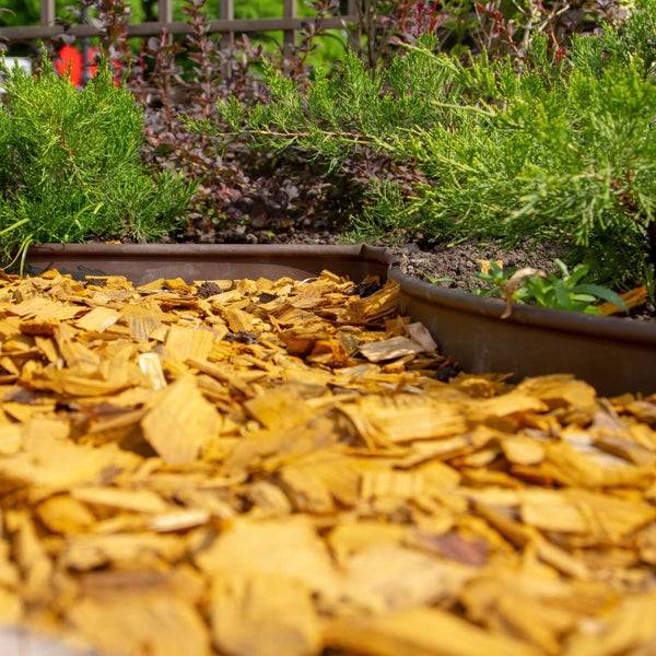 Braune Beetbegrenzung aus Kunststoff trennt gelbe Holzhackschnitzel von einer Bepflanzung mit Nadelgehölzen und dunkellaubigen Sträuchern.