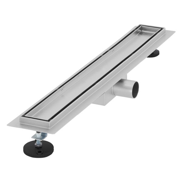 Duschrinne aus Edelstahl mit verstellbaren Standfüßen und seitlichem Ablauf.