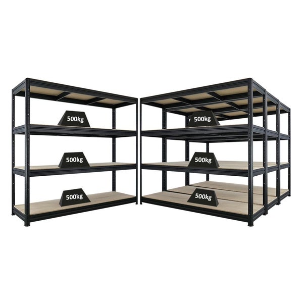 Zwei schwarze Schwerlastregale mit drei Holzböden und der Kennzeichnung 500 kg Traglast