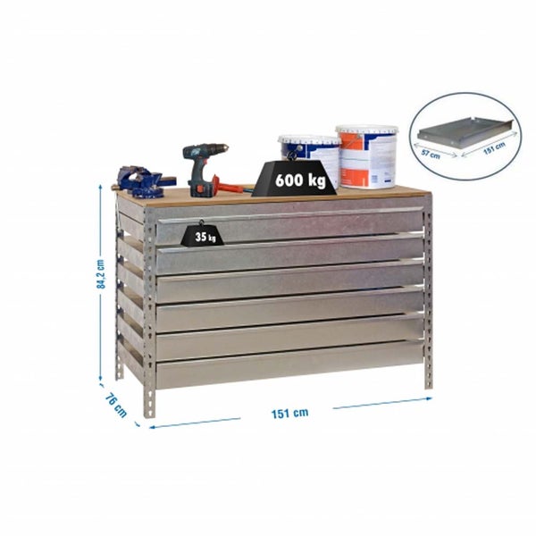 Werkbank aus Metall mit Holzplatte, sechs Schubladen, Maße 151 x 76 x 84,2 Zentimeter, Tragkraft 600 Kilogramm oben, 35 Kilogramm pro Schublade.