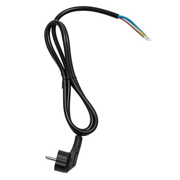 Schwarzes Netzkabel mit Schutzkontaktstecker und abisolierten Kabelenden.