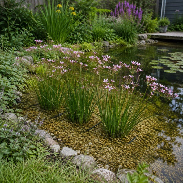 Schwanenblume als Wasserpflanze im Teich mit kiesigem Untergrund und begleitender Ufervegetation in einer Gartenlandschaft.