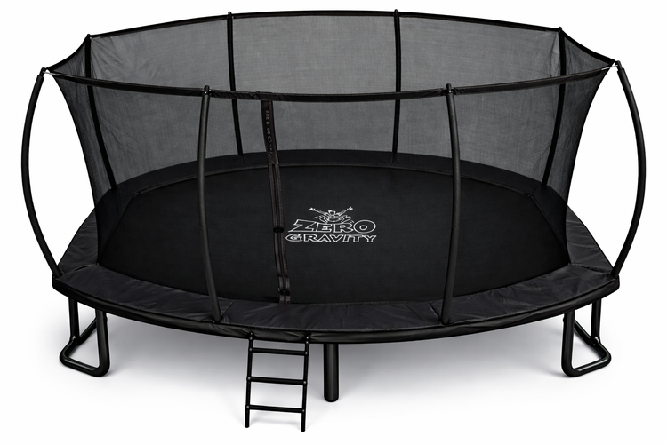 Schwarzes Gartentrampolin mit Sicherheitsnetz und Leiter