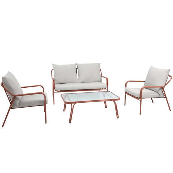 Vierteiliges Lounge-Set mit Metallgestell und Polstern, bestehend aus einem Zweisitzer-Sofa, zwei Sesseln und einem Tisch mit Glasplatte.