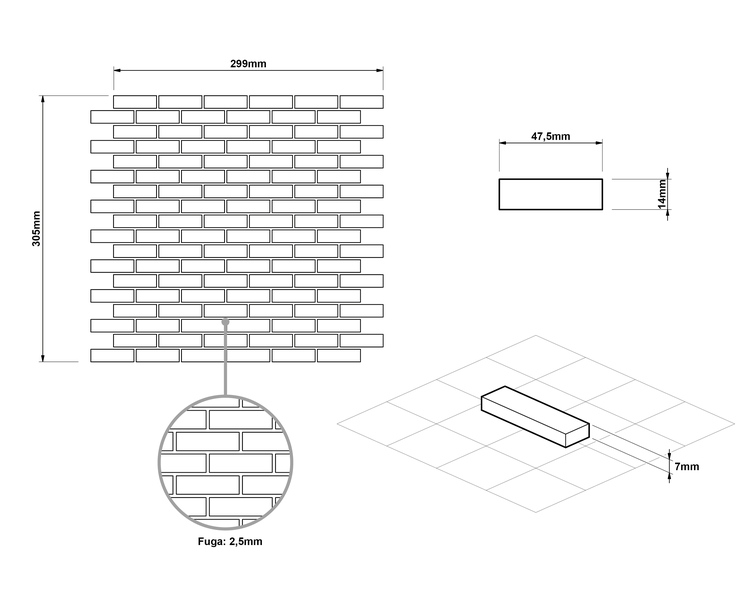 Maßzeichnung Mosaikfliese: Matte 299 mal 305 Millimeter, Einzelmosaik 47,5 mal 14 Millimeter, Dicke 7 Millimeter, Fuge 2,5 Millimeter.