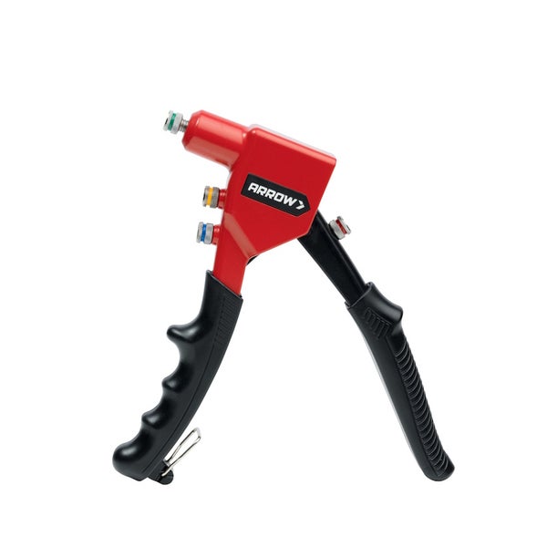 Rote Arrow Blindnietzange mit schwarzen ergonomischen Griffen und vier auswechselbaren Mundstücken.