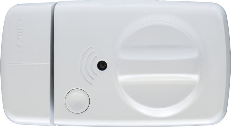 ABUS Alarmmelder für Fenster und Türen aus weißem Kunststoff mit Signalsymbol und ABUS Logo.