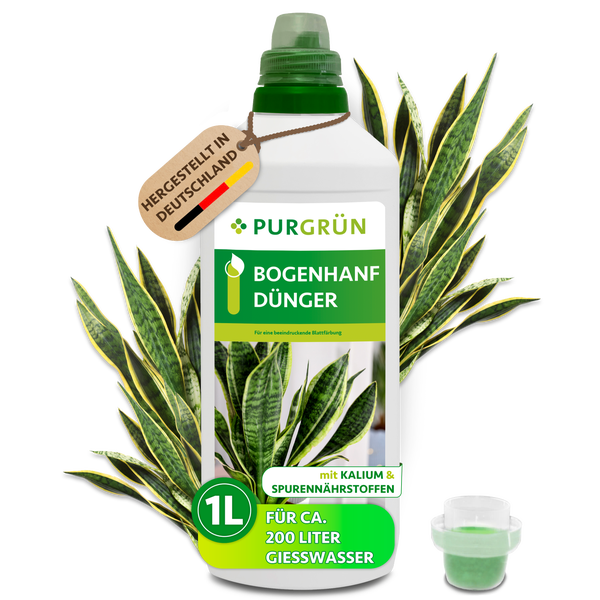 1 Liter Flasche Purgrün Bogenhanf-Dünger mit Kalium und Spurennährstoffen für circa 200 Liter Gießwasser, hergestellt in Deutschland.