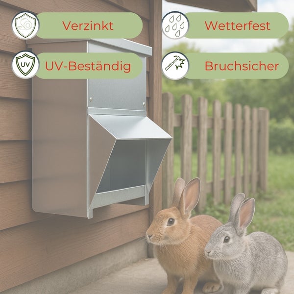 Kaninchenfutterautomat mit den Siegeln verzinkt, UV beständig, wetterfest und bruchsicher.