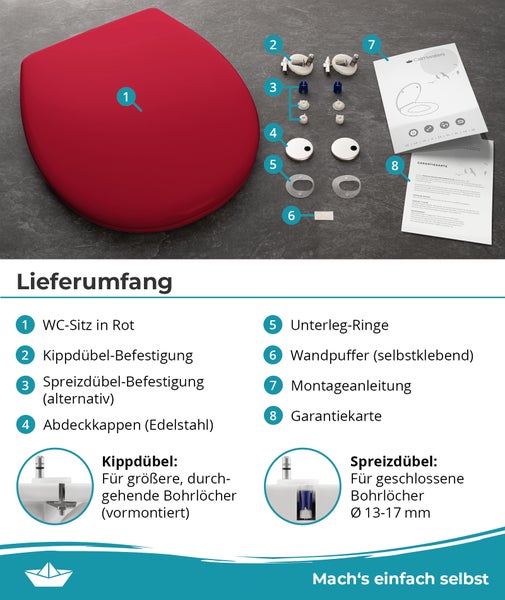 Calmwaters® Premium WC Sitz einfache Montage, Toilettendeckel bis 250 kg, Made in EU, antibakterieller Duroplast, Absenkautomatik, 2 Montage Optionen, abnehmbar, Klobrille, oval, Rot