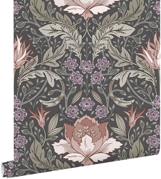 ESTAhome Tapete Blumenmuster im Jugendstil Graugrün und Braun - 50 x 900 cm - 131084