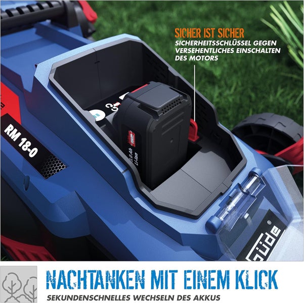 Blauer Güde Rasenmäher auf einer Rasenfläche mit Fokus auf der fünffachen zentralen Höhenverstellung mit einem Handgriff.