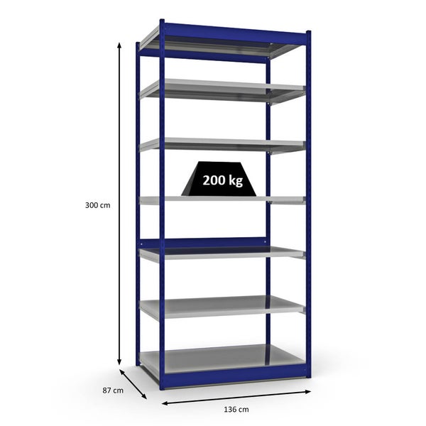 PROREGAL Fachbodenregal Stecksystem Vierkant-Profil Grundregal HxBxT 300 x 132,5 x 80 cm 7 Ebenen Einseitige Bauart Fachlast 200 kg Enzianblau