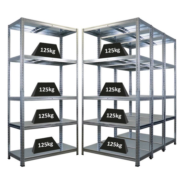 Zwei Metallregale mit je vier Ablagen und einer Gewichtsbelastung von 125 Kilogramm.