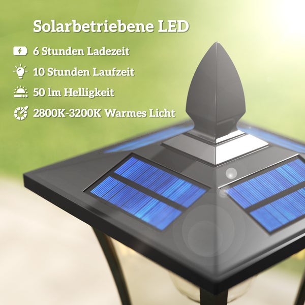 Solarbetriebene LED Außenleuchte mit Informationen zu 6 Stunden Ladezeit, 10 Stunden Laufzeit, 50 Lumen Helligkeit und warmem Licht.