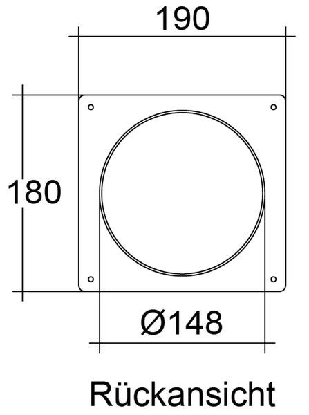 Technische Zeichnung der Rückansicht einer quadratischen Montageplatte mit einer runden Öffnung und Maßangaben in Millimetern.