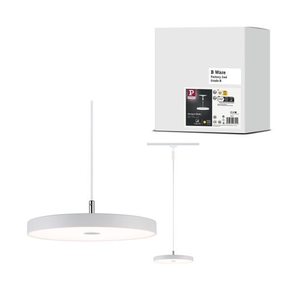 Weiße Paulmann Pendelleuchte Hildor in flacher runder Form inklusive Verpackung mit Kennzeichnung als B-Ware.