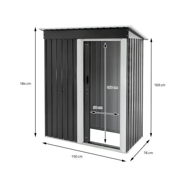 ML-Design Metall Gerätehaus M mit Pultdach, Schiebetür und Fundament, 2,1 m³, 150x184x76 cm, Dunkelgrau, Geräteschuppen aus Stahl, Geräumiges Gartenhaus Outdoor, Garten Schuppen klein Geräteschrank