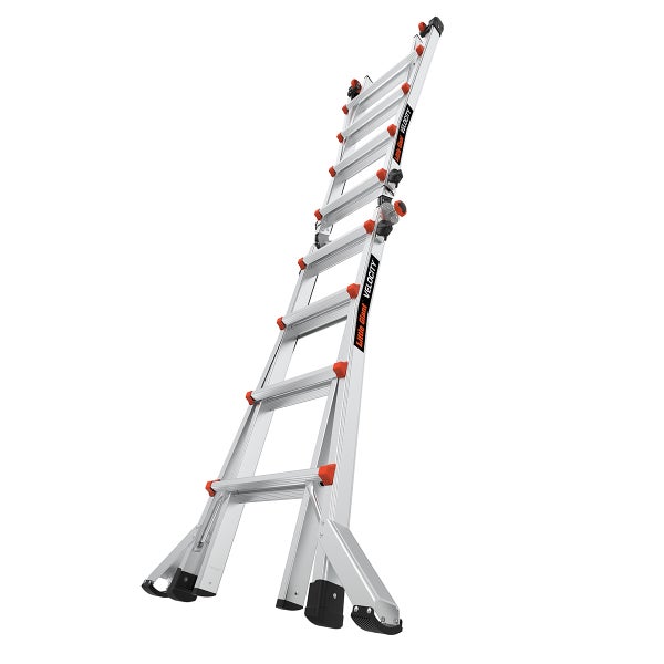 Little Giant Velocity Mehrzweckleiter aus Aluminium mit ausziehbaren Stufen und Gelenksystem in gestreckter Ausführung.