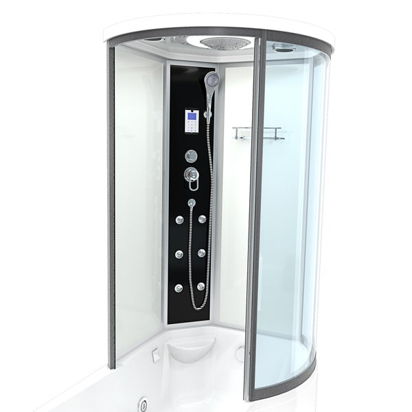 Moderne Dampfduschkabine mit integrierter Badewanne, Massagedüsen, digitalem Bedienfeld, Handbrause und Regenduschkopf.