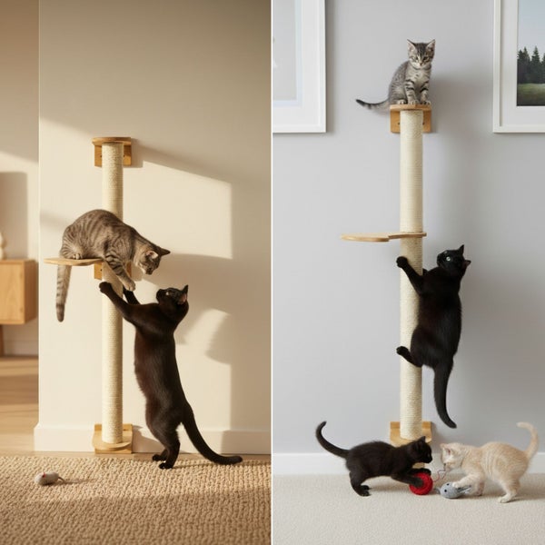 Wandkratzbaum zur Wandmontage mit Sisalstamm und Liegeplattformen für Katzen, platzsparende Kratzmöglichkeit.
