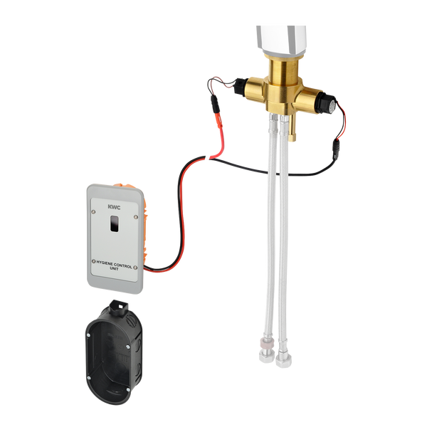 KWC Hygiene-Steuerungseinheit mit Messing-Mischventil, zwei flexiblen Anschlussschläuchen und schwarzer Unterputzdose.