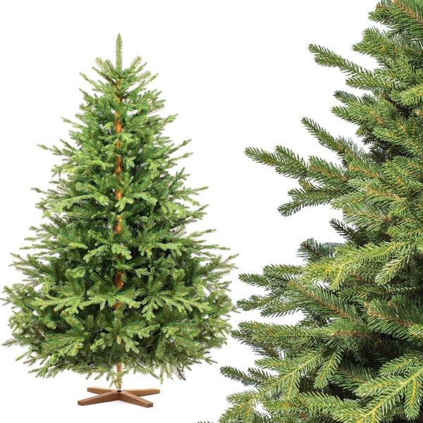 Künstlicher Weihnachtsbaum mit realistischem Aussehen und Holzständer für festliche Dekoration