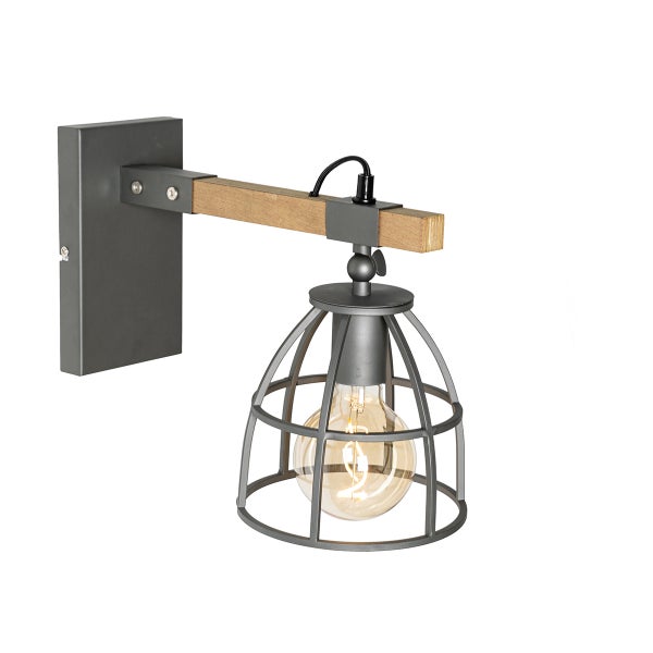 Wandleuchte im Industriedesign aus Metall und Holz mit einem Schutzkorb und einer freiliegenden Glühbirne