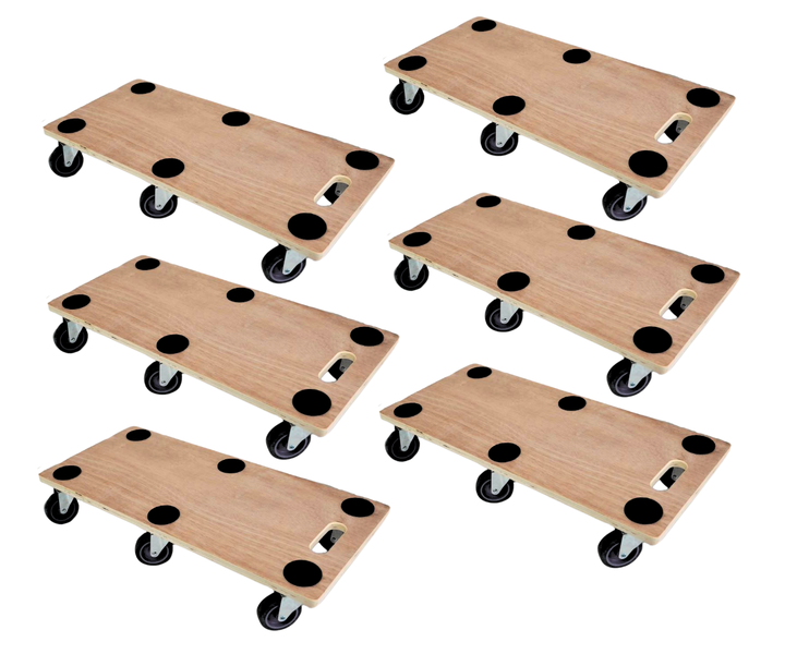 Sechs Transporthilfen aus Holz mit vier Lenkrollen, Antirutsch-Pads und Tragegriff.