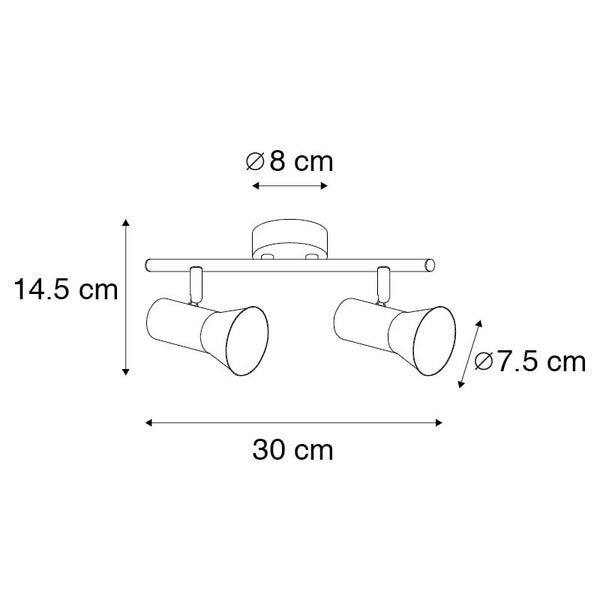 Technische Zeichnung einer Deckenleuchte mit zwei Strahlern und Maßangaben
