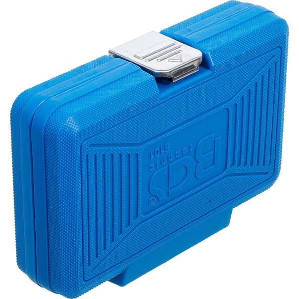 Blauer Werkzeugkoffer aus Kunststoff mit silberfarbenem Verschluss