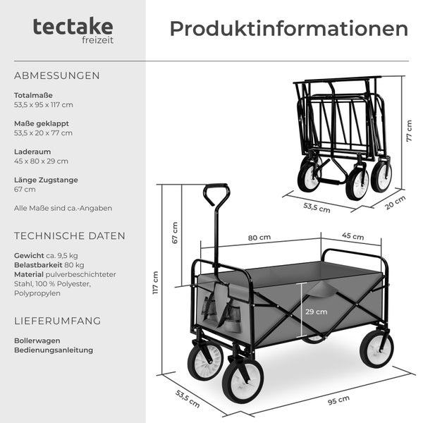 Bollerwagen tectake  Belastbarkeit 80 kg faltbar grau