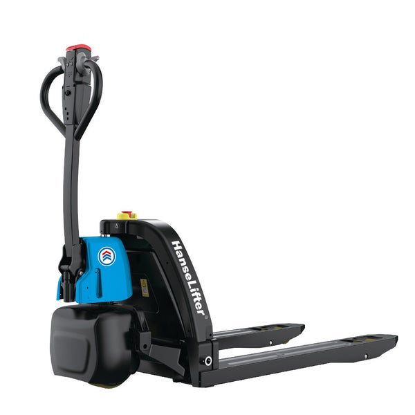 Elektro-Niederhubwagen von HanseLifter mit Deichselsteuerung und zwei Gabelzinken für den Palettentransport.