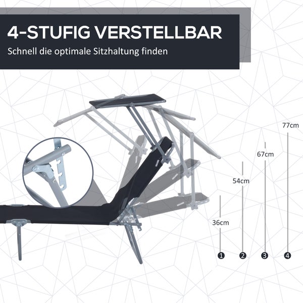Outsunny Sonnenliege, klappbar, mit Sonnenschutz, 187 x 58 x 36 cm, Metall, Oxford-Gewebe, Schwarz