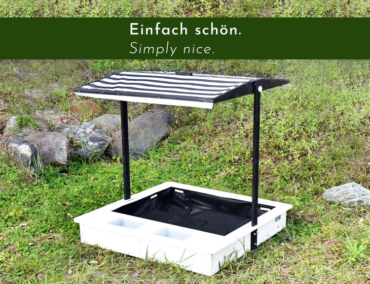 WONDERMAKE® Design Sandkasten mit Matschküche, Dach, Abdeckung OXFORD 420D, Vliesfolie, Sandkiste Holz quadratisch verschließbar Outdoor Garten für Kinder, schwarz weiß