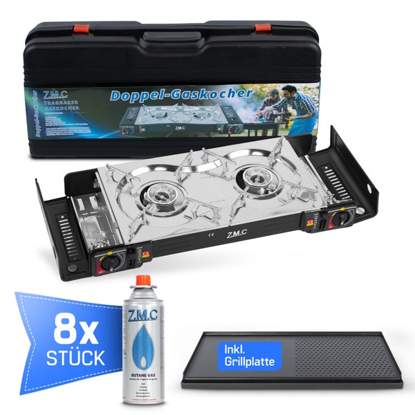 Tragbarer Doppel-Gaskocher von Z.M.C. im Set mit schwarzem Transportkoffer, acht Gaskartuschen und einer Grillplatte.