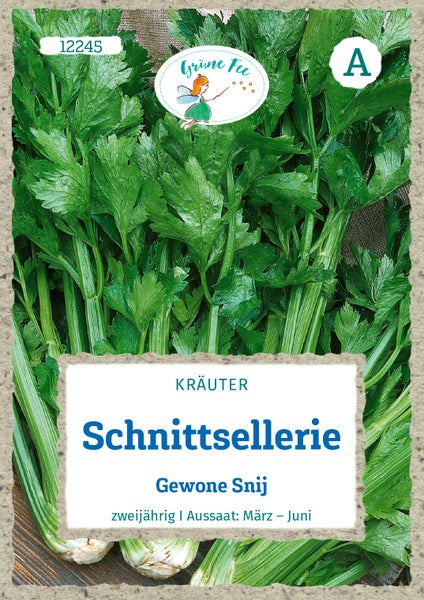 Samentüte für zweijährigen Schnittsellerie Gewone Snij von Grüne Fee, Aussaat von März bis Juni, Grüne Fee Logo.
