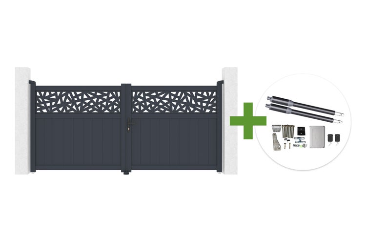 Zweiflügeliges Hoftor aus Metall in Anthrazit mit dekorativem Muster inklusive elektrischem Torantrieb Set mit Motoren und Fernbedienungen.