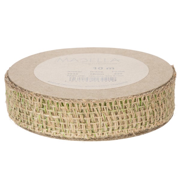 Jute-Dekoband auf Rolle, Breite 25 Millimeter, Länge 10 Meter, naturfarben mit grünen Akzenten.